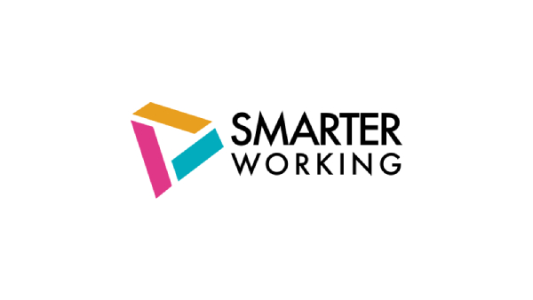 Smarter working logo text with pink, orange and blue logo in a triangle shape