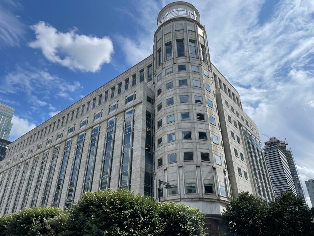 Corner, exterior view of London, 10 South Colonnade building. Showing the vast size.