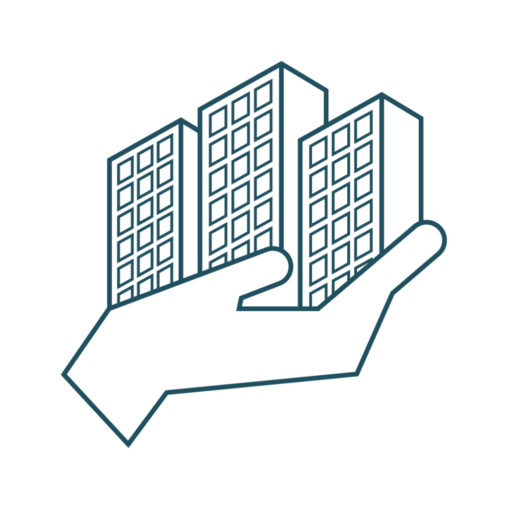 Icon of hand holding multiple buildings signifying portfolio services we provide