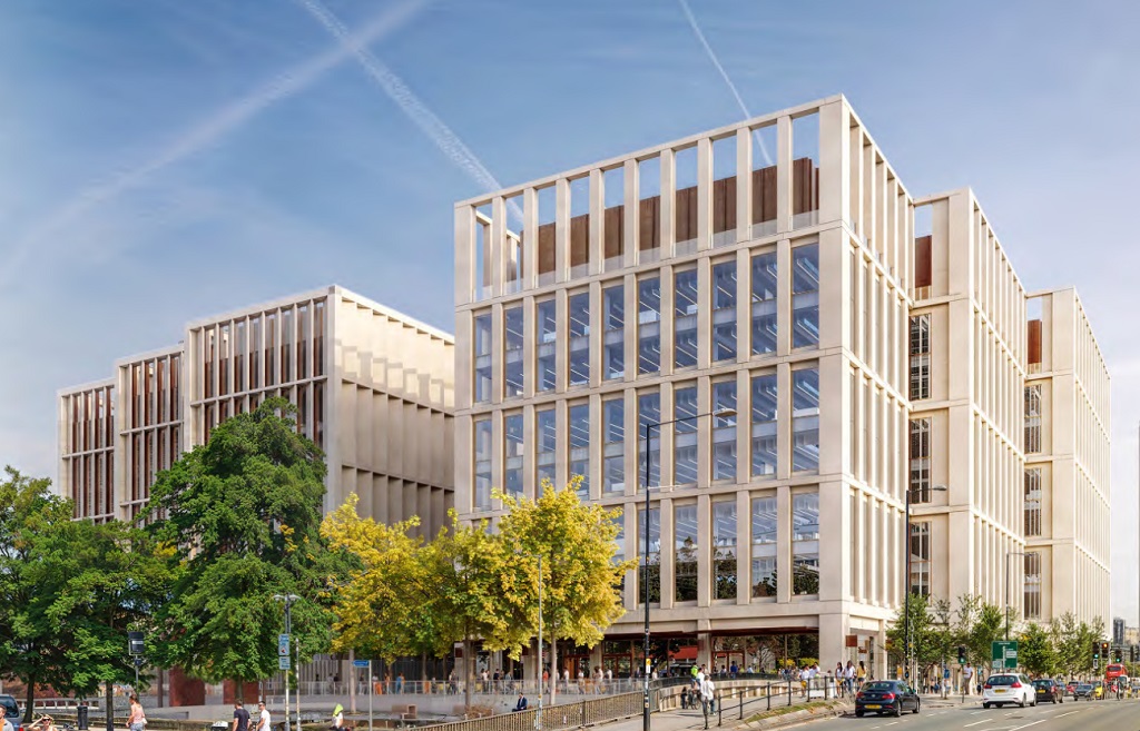 A digital impression of the planned Manchester Digital Campus building, showing a glass fronted building facing a green urban park