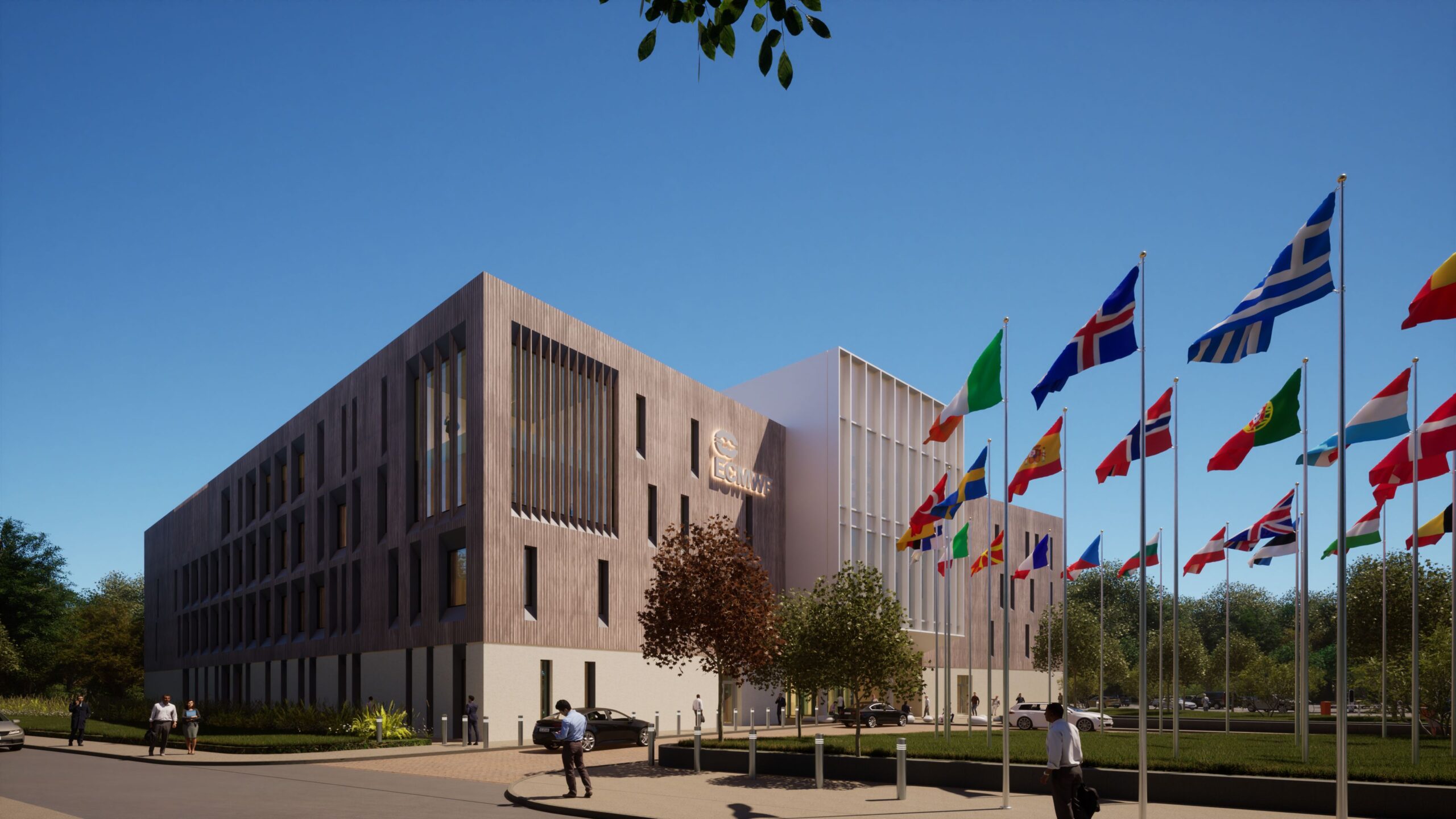 Digital impression of the new weather centre showing a brown and white building with a largen entrance facing an open square with several European flags raised