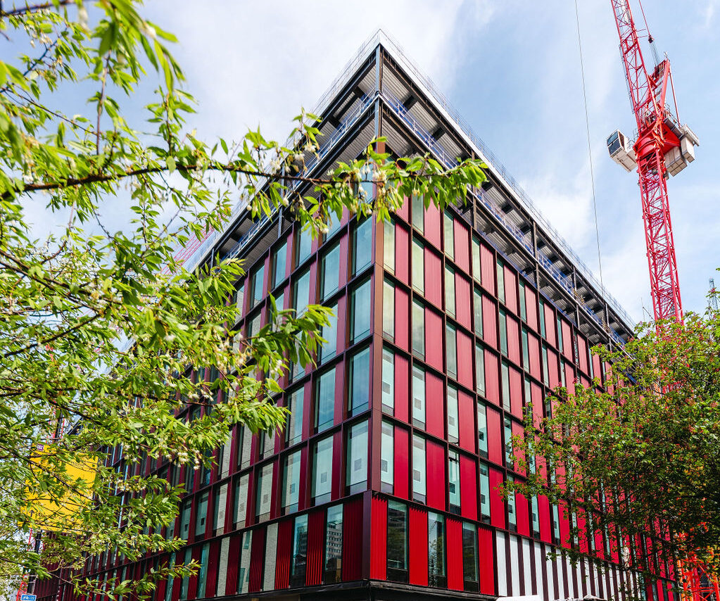 Croydon Ruskin Square building - external view of two sides and crane from across square