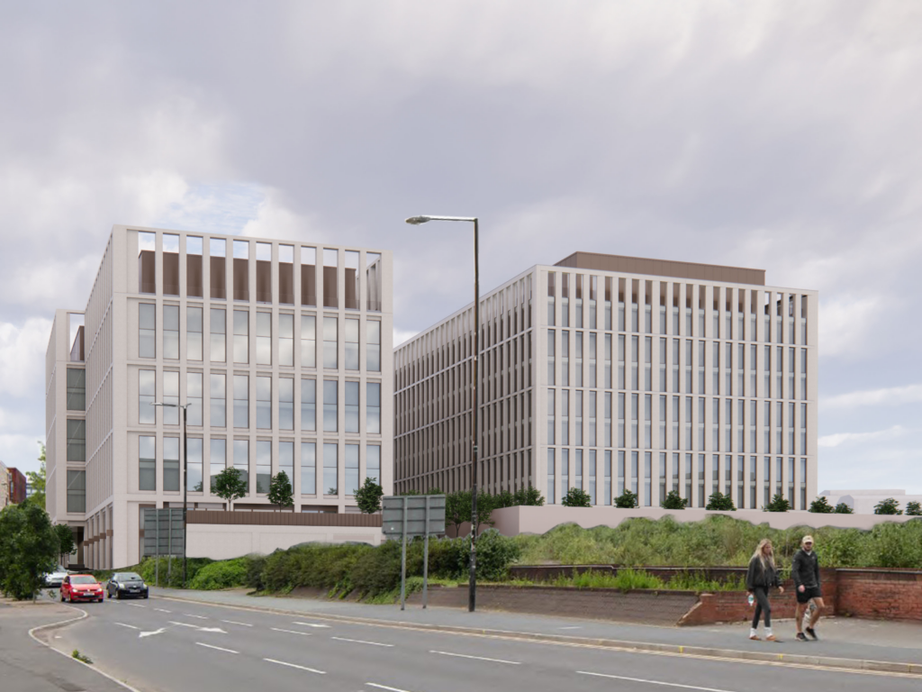 Digital impression of the Manchester Digital Campus shows two large multi-storey buildings with large windows and white concrete walls. In front of the building are green spaces with trees and foliage.