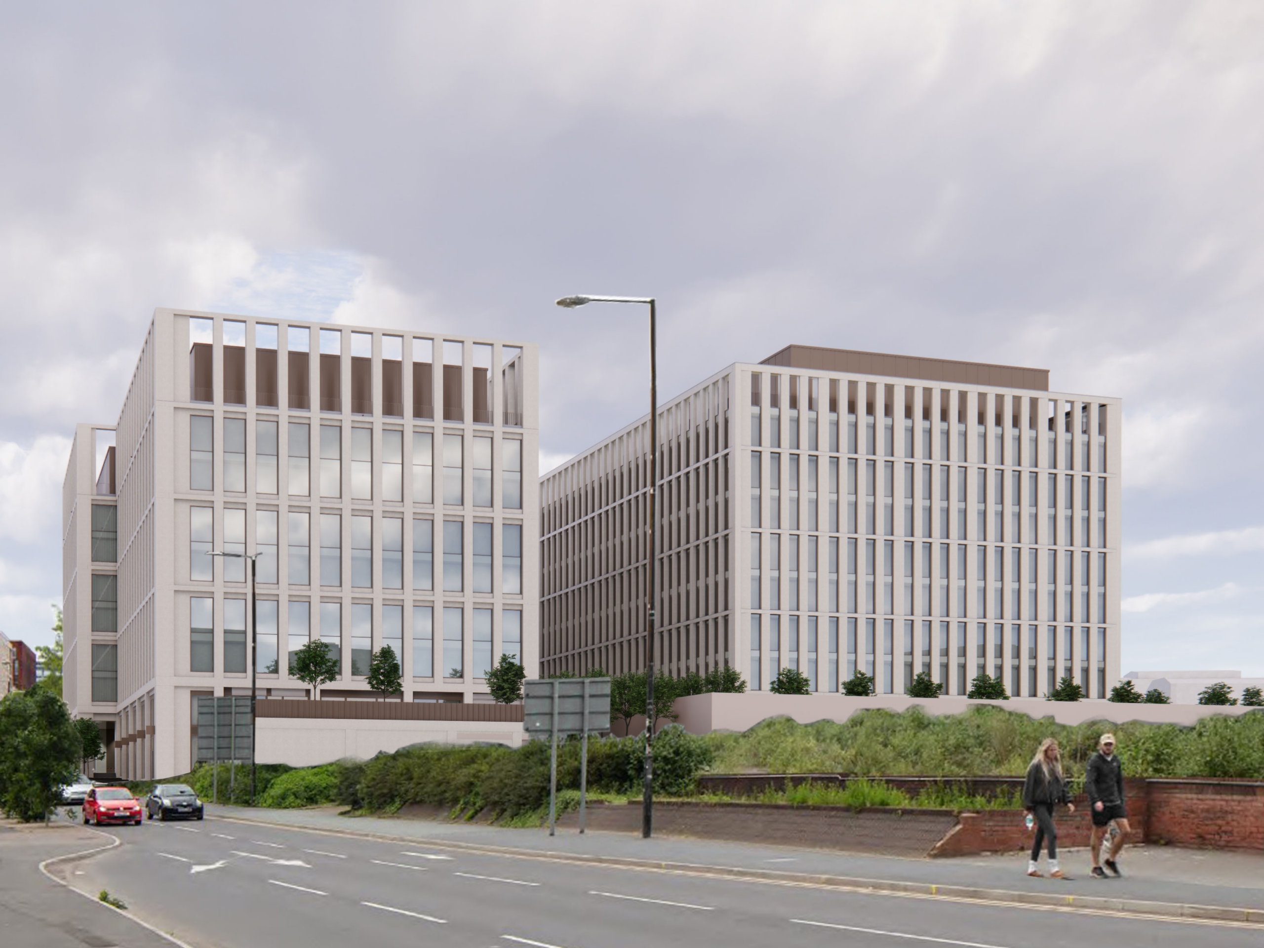 Digital impression of the Manchester Digital Campus shows two large multi-storey buildings with large windows and white concrete walls. In front of the building are green spaces with trees and foliage.